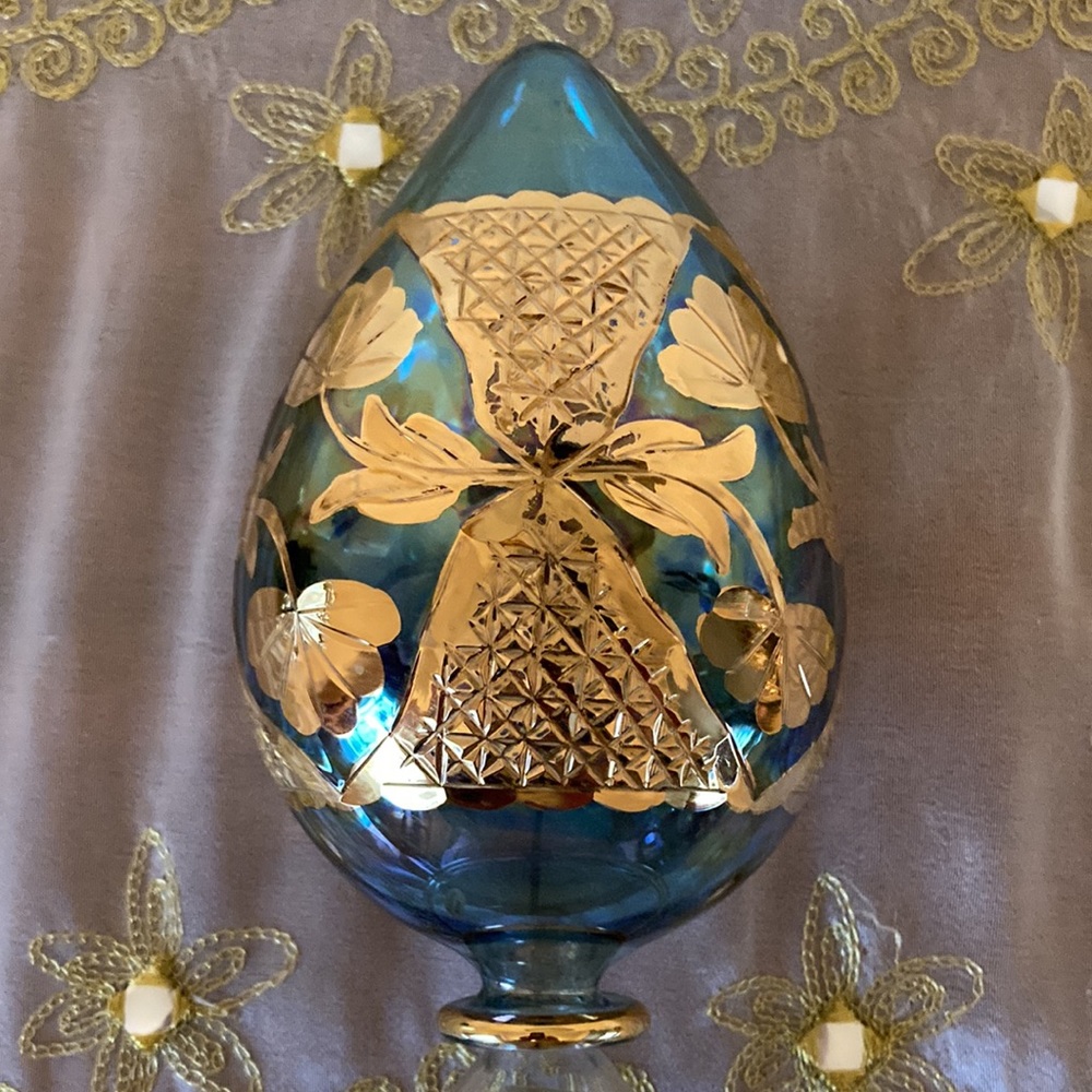 Vintage Egyptian Hand Blown Glass Egg Shaped Gold Etched Pattern Teal Color - Picture 5 of 6